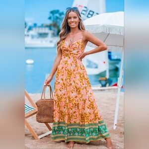 NWT Cupshe Orange Floral Sweetheart Twist & Keyhole Maxi Dress, Medium